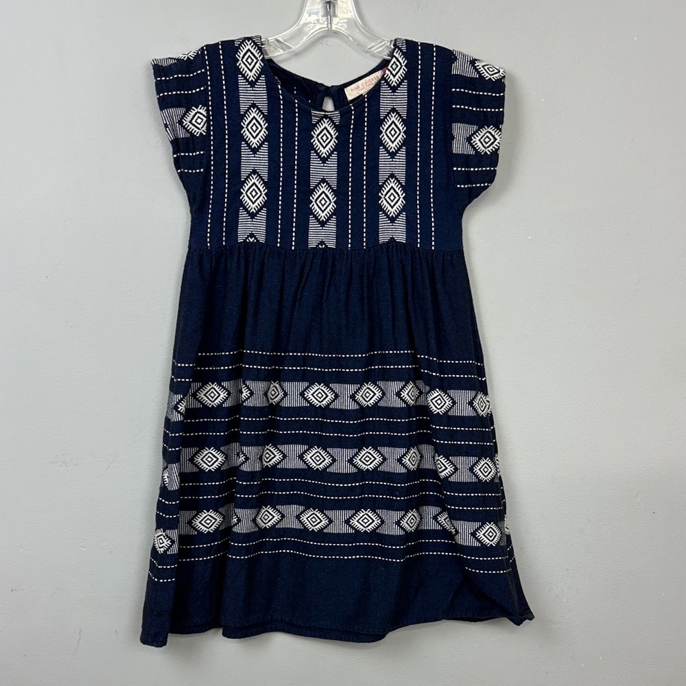 Pink Chicken Girls Blue Embroidered Geometric Design 100% Cotton Dress Sz 7